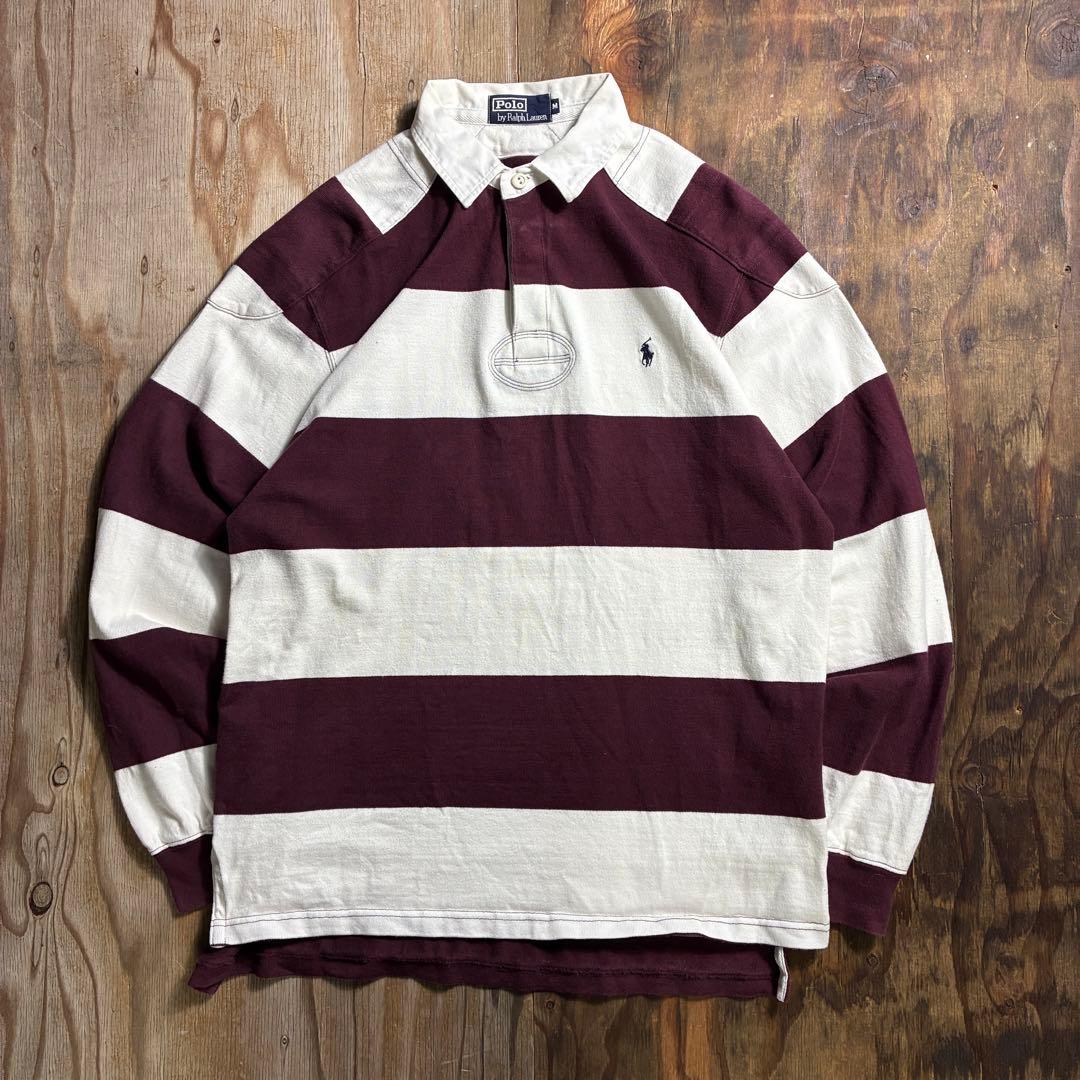 90s ラルフローレン ラガーシャツ ボーダー ボルドー 長袖 ポロ