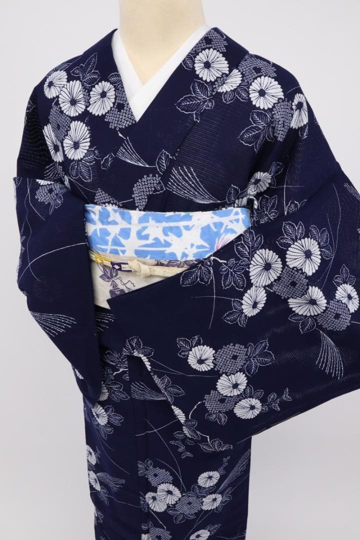 《たえ★長尺■綿絽◆夏着物■小紋■涼やか菊の花■濃紺◆US7-14》