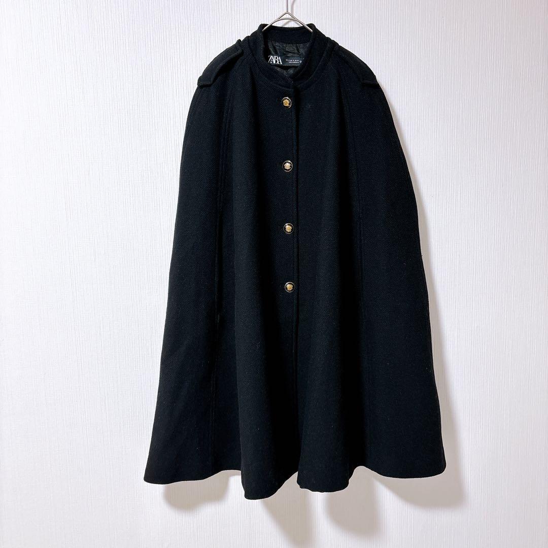 ZARA ザラ ウール ケープ コート ポンチョ 金ボタン ゴールドボタン 黒