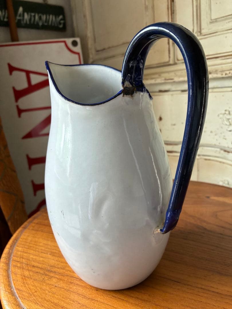 フランス　アンティーク　ホーロー　ジャグ　ピッチャー　水差し　ホワイト　100年