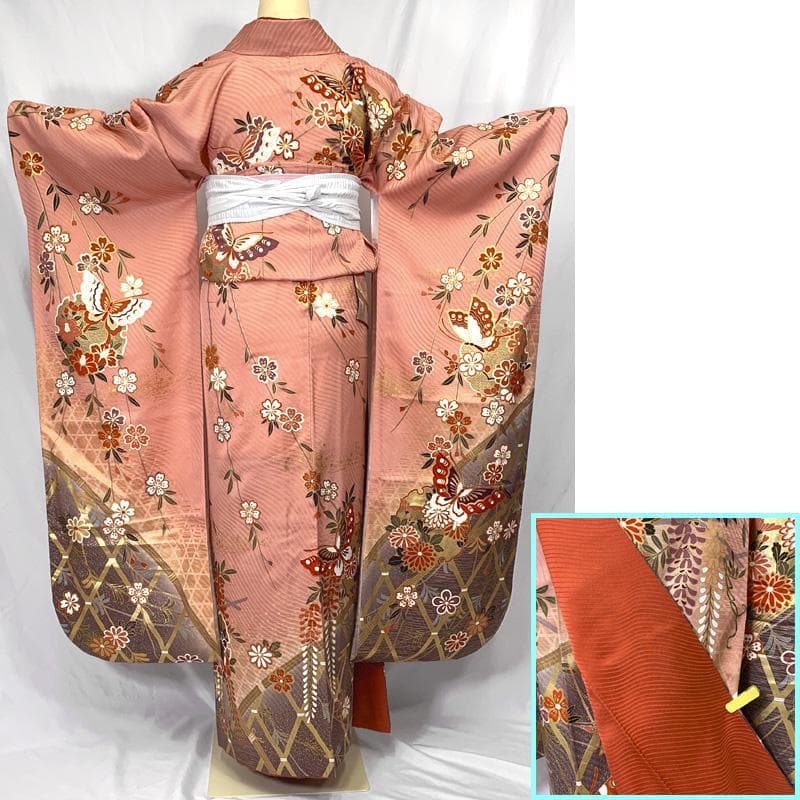 409aj78〇振袖＆袋帯 金彩 雪輪文 蝶々 成人式 結婚式 十三参り〇美品