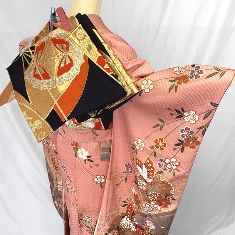 409aj78〇振袖＆袋帯 金彩 雪輪文 蝶々 成人式 結婚式 十三参り〇美品