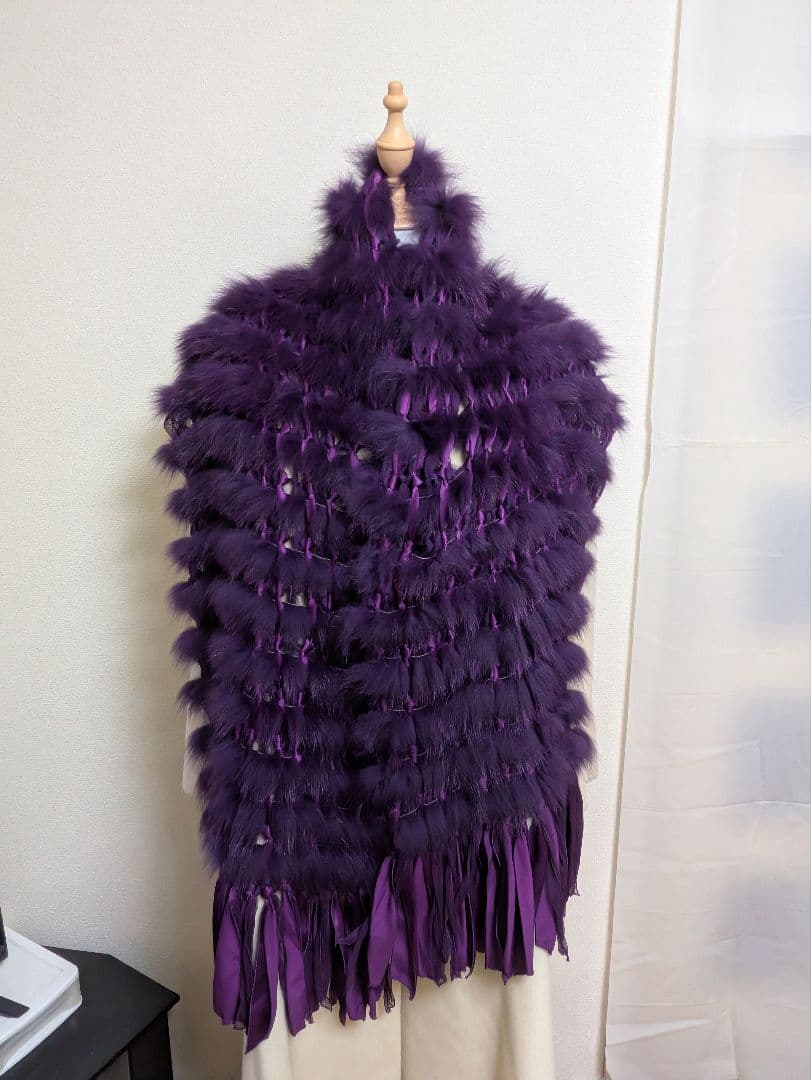 紫色ファー フリンジ付きストール