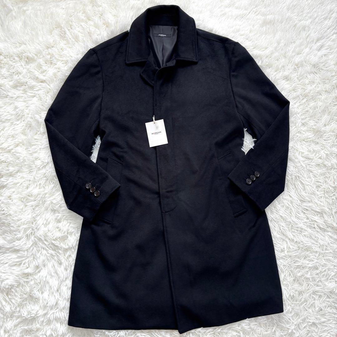【タグ付未使用】XLサイズ モルガンオム ロング ステンカラーコート 黒艶感