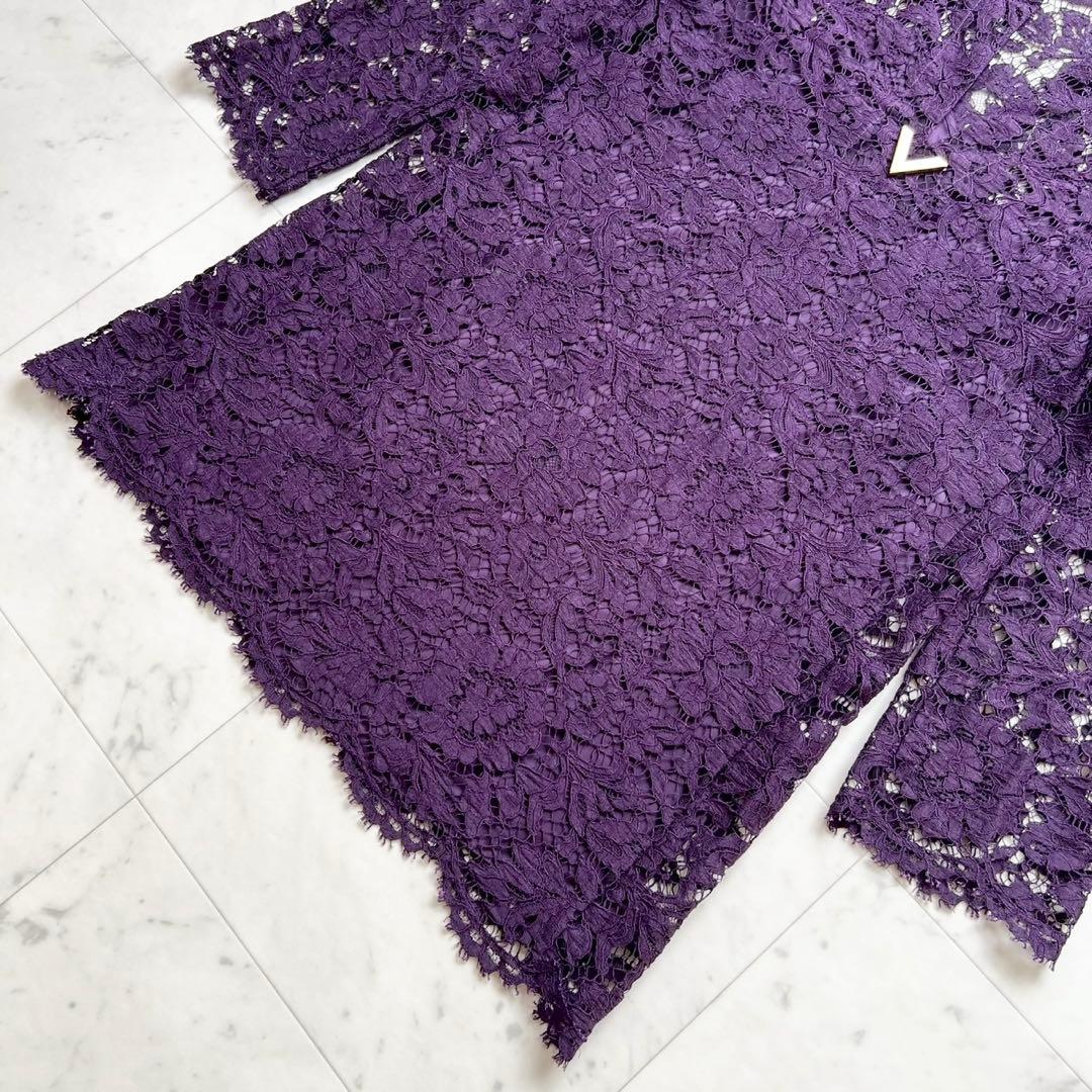 VALENTINO Vロゴ金具 総フラワーレースドレス Vネック パープル