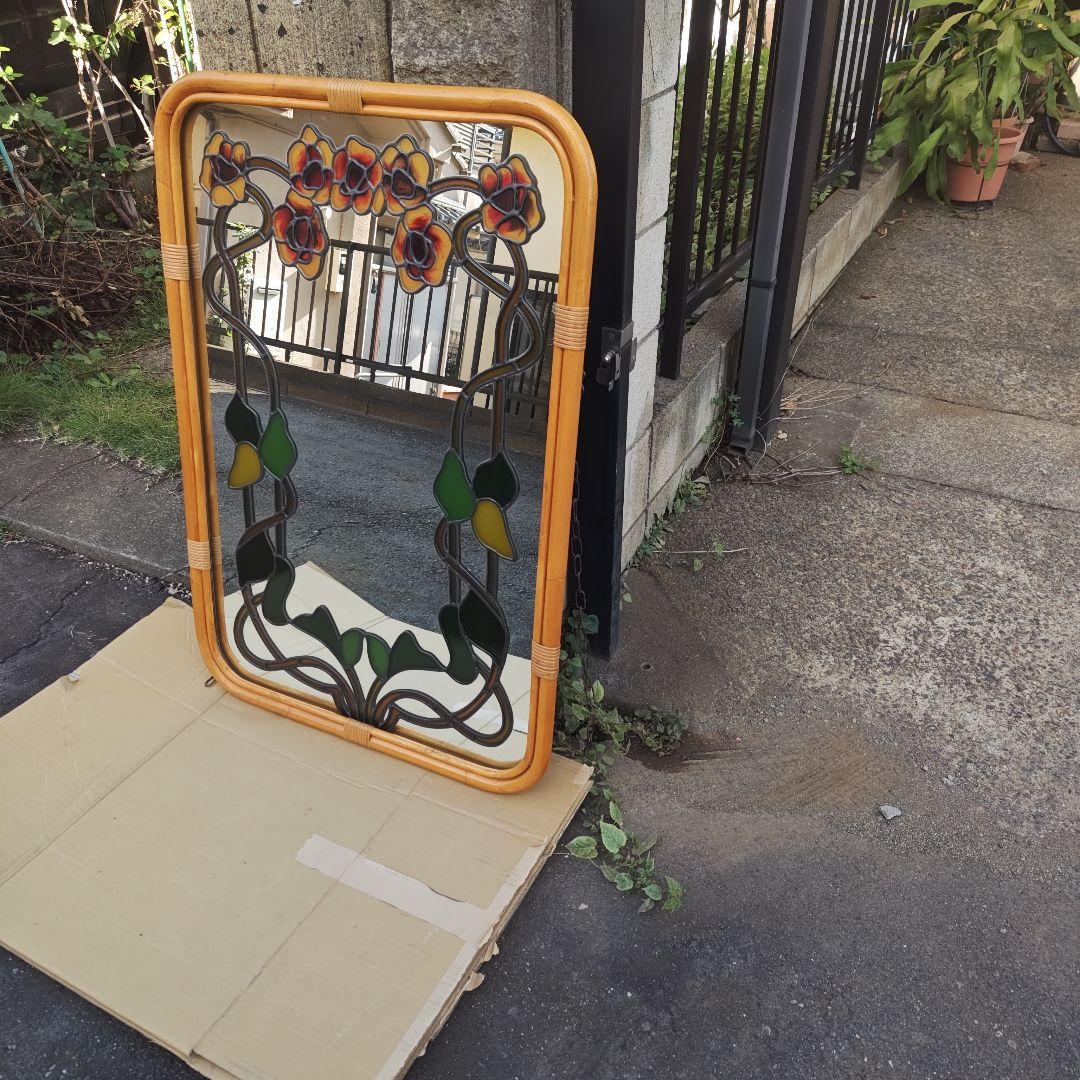 レトロ アールヌーボー様式 ステンドグラス 大型壁掛け鏡 ミラーH96.5㌢