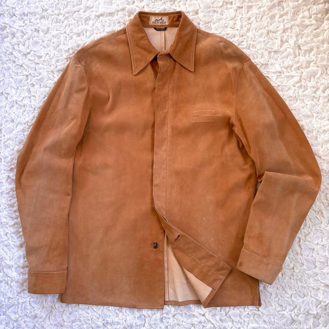 エルメス　胸ロゴ刻印 トナカイ革使用スウェードレザーシャツ