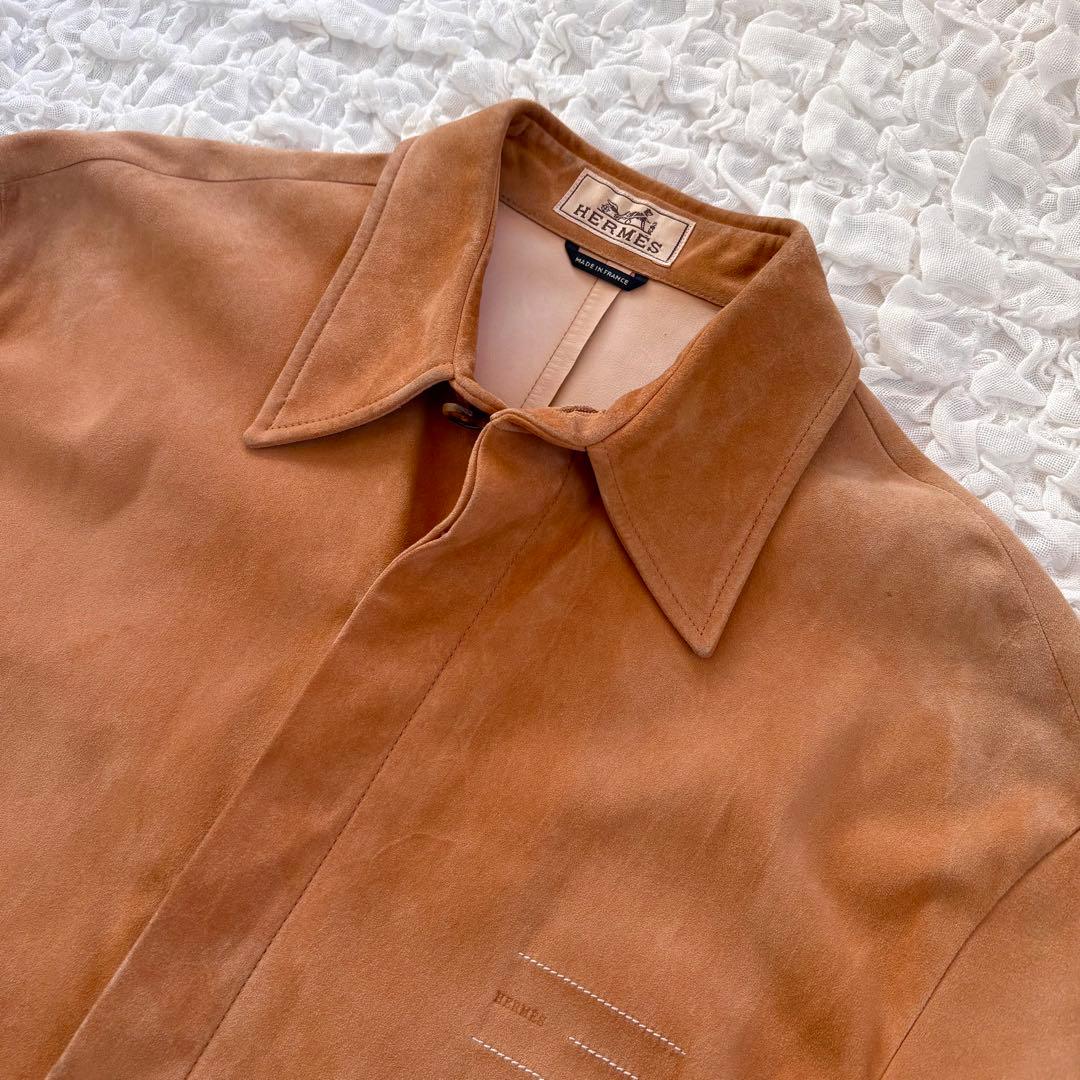 エルメス　胸ロゴ刻印 トナカイ革使用スウェードレザーシャツ