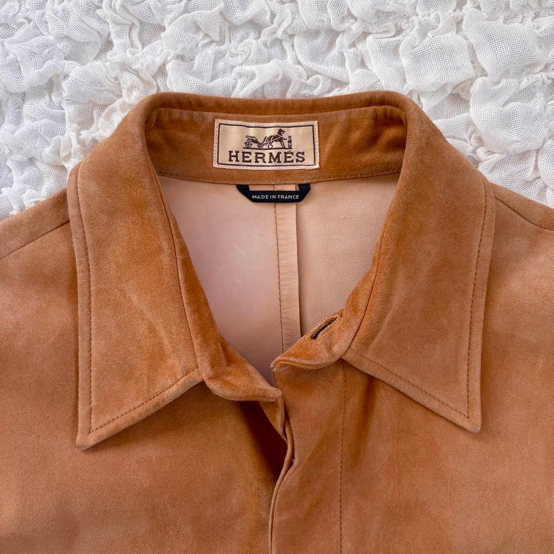 エルメス　胸ロゴ刻印 トナカイ革使用スウェードレザーシャツ