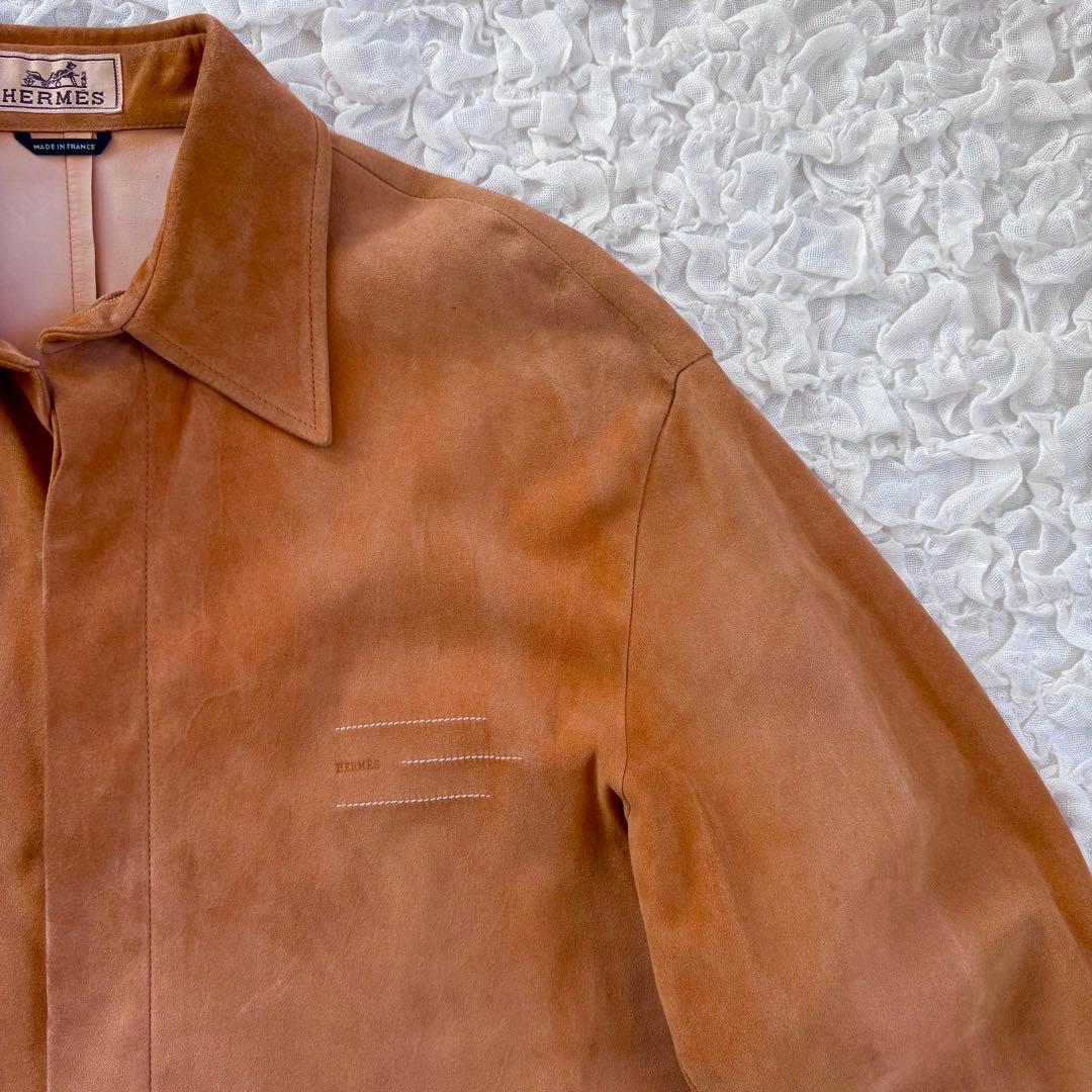 エルメス　胸ロゴ刻印 トナカイ革使用スウェードレザーシャツ