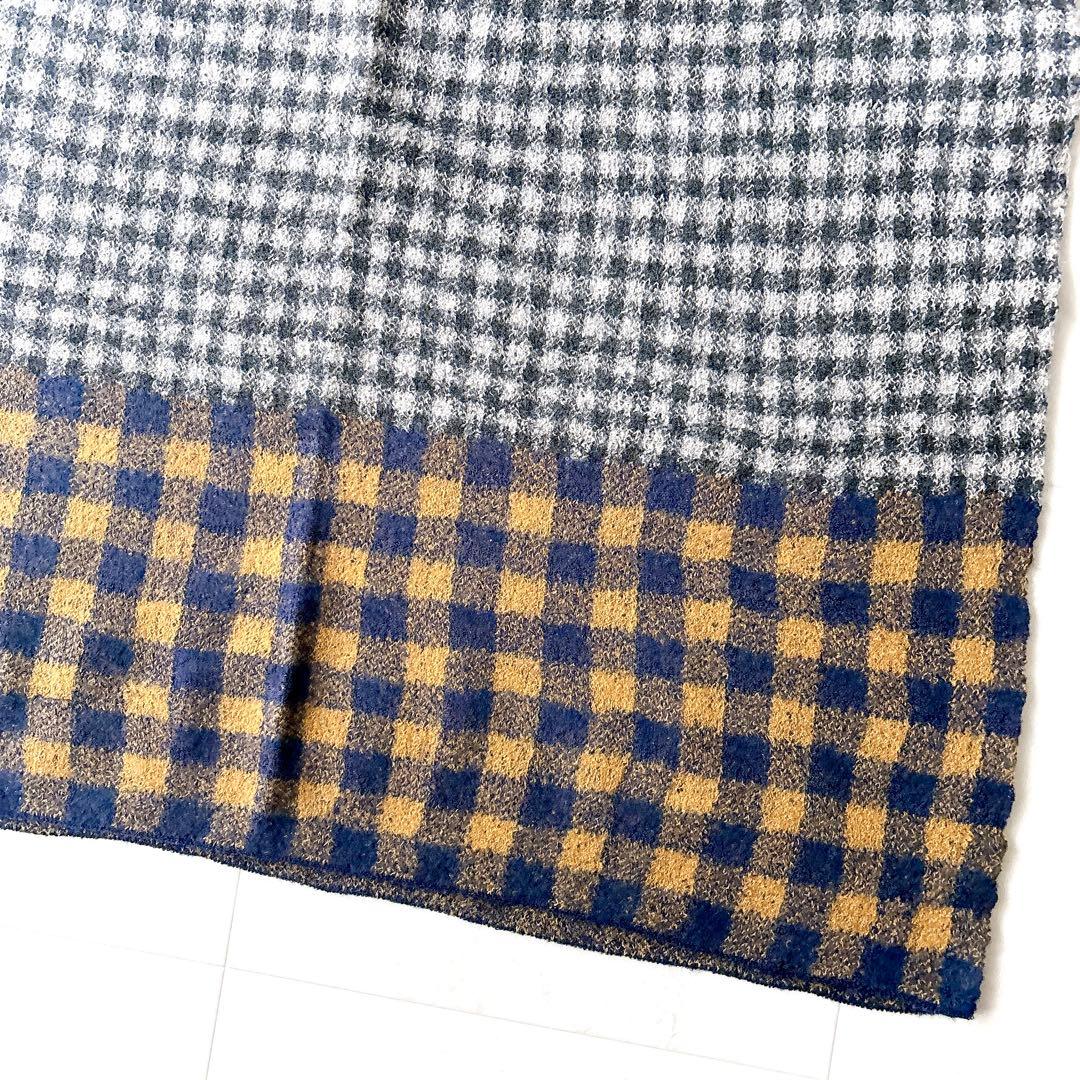 美品 45R 大判ストール ロゴチャーム ブロックチェック グレー ウール