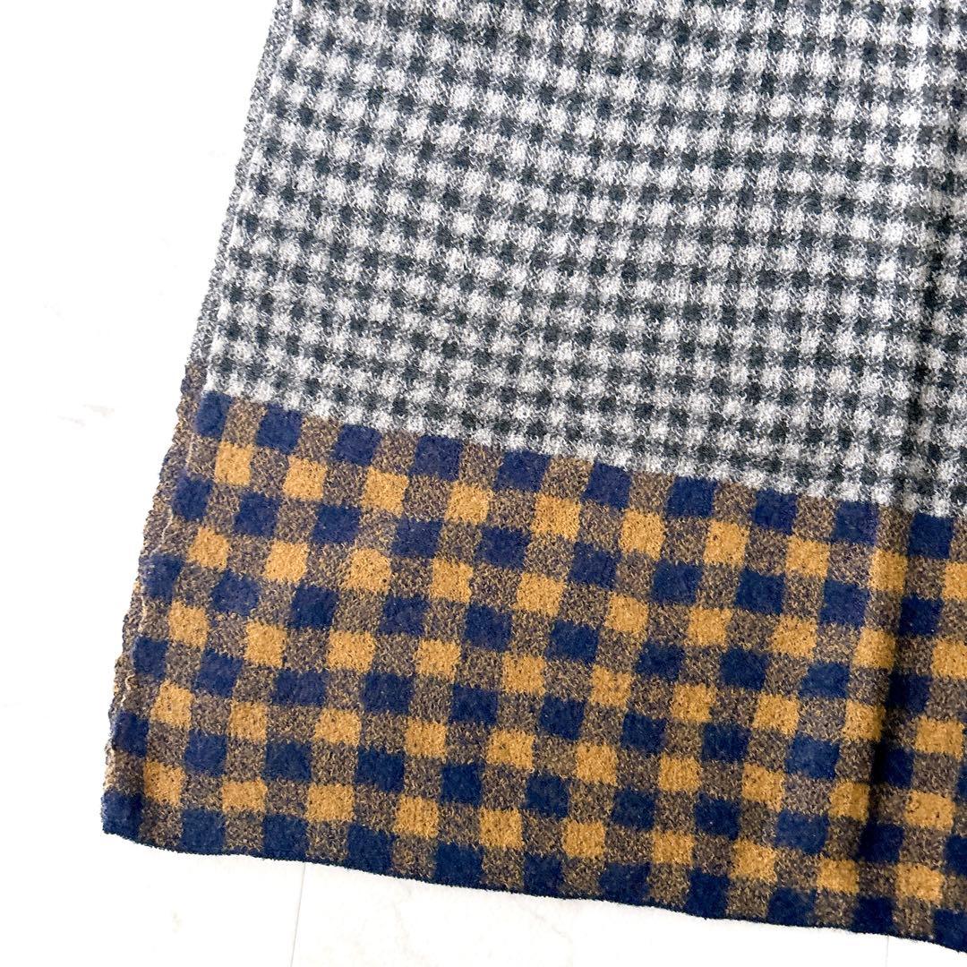 美品 45R 大判ストール ロゴチャーム ブロックチェック グレー ウール