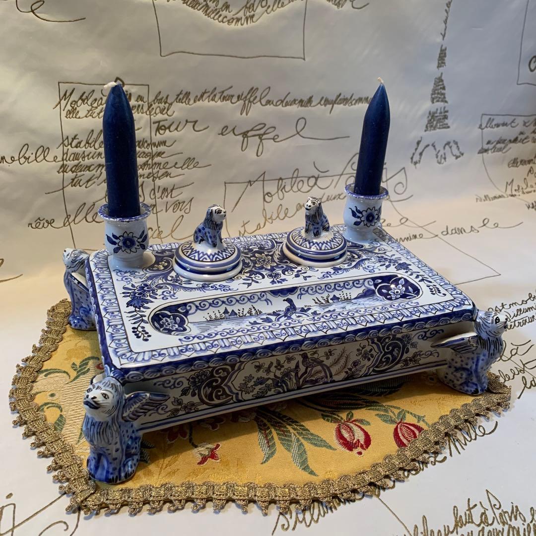 フランス製　破格！ビンテージのルーアン窯のローソク立て付きインク壺プレート！