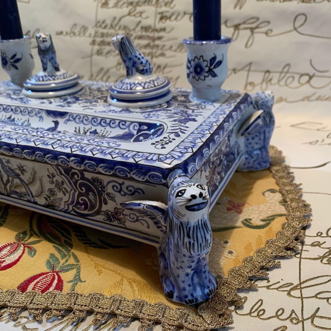 フランス製　破格！ビンテージのルーアン窯のローソク立て付きインク壺プレート！