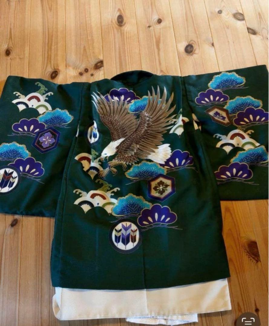 緑色 袴セット 鶴と鷹