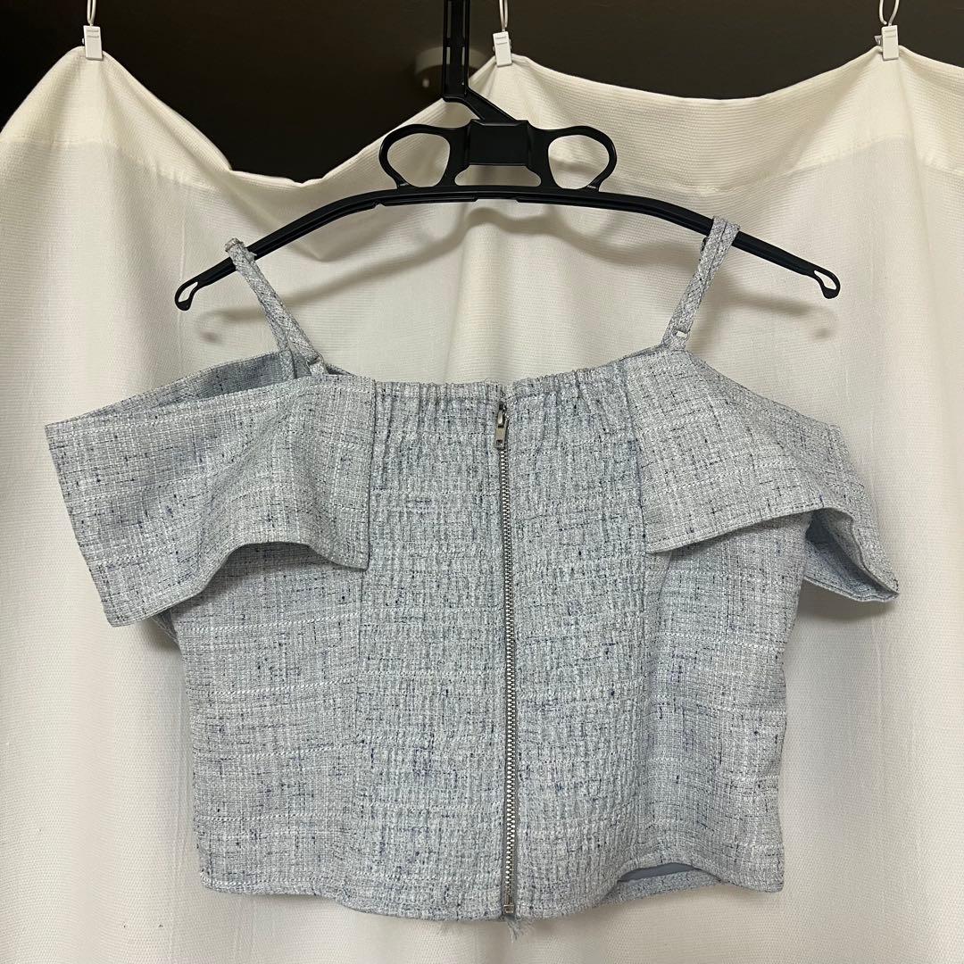 ツイードリボンオフショルトップス ブルー