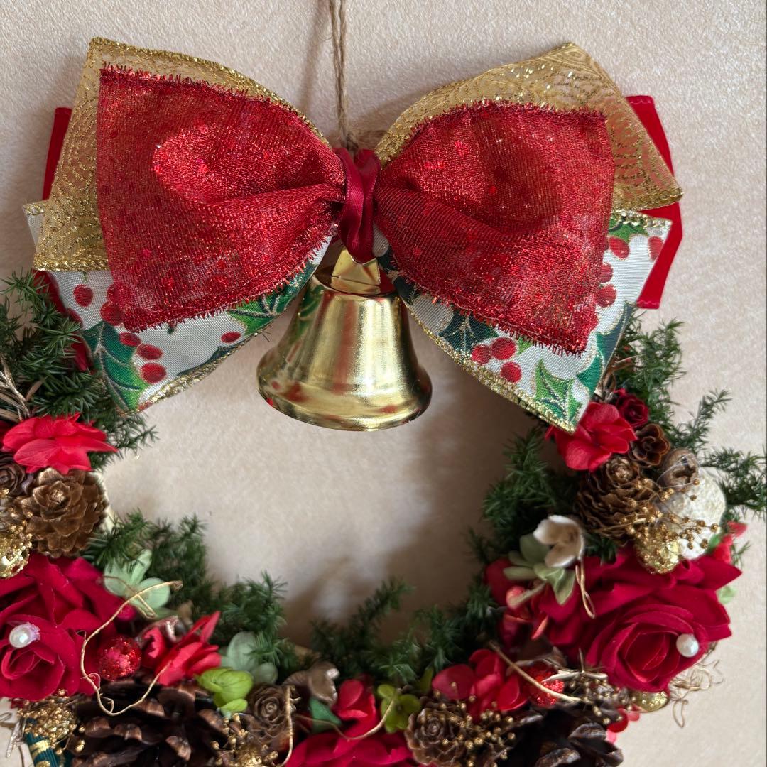 No123 おっきいリボンとリンリンベル♥赤バラのキラキラクリスマスリース