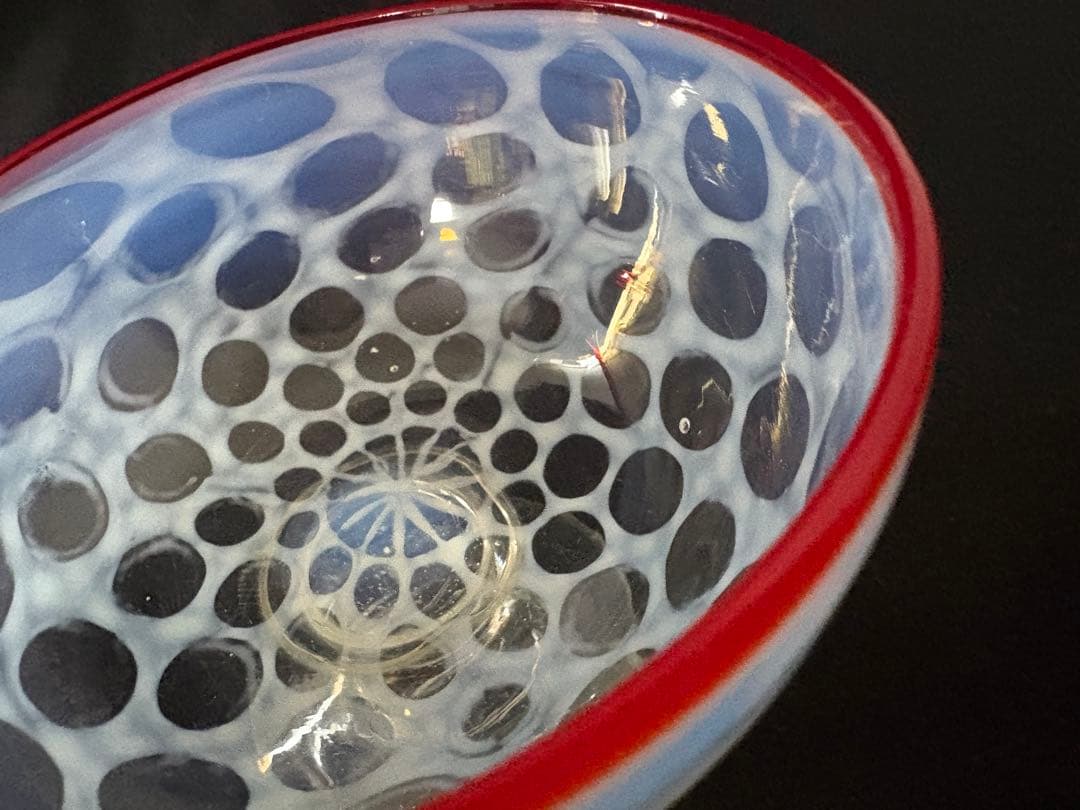 大正ガラス　和ガラス　氷カップ　朱色縁　水玉模様　ドット模様　アンティーク