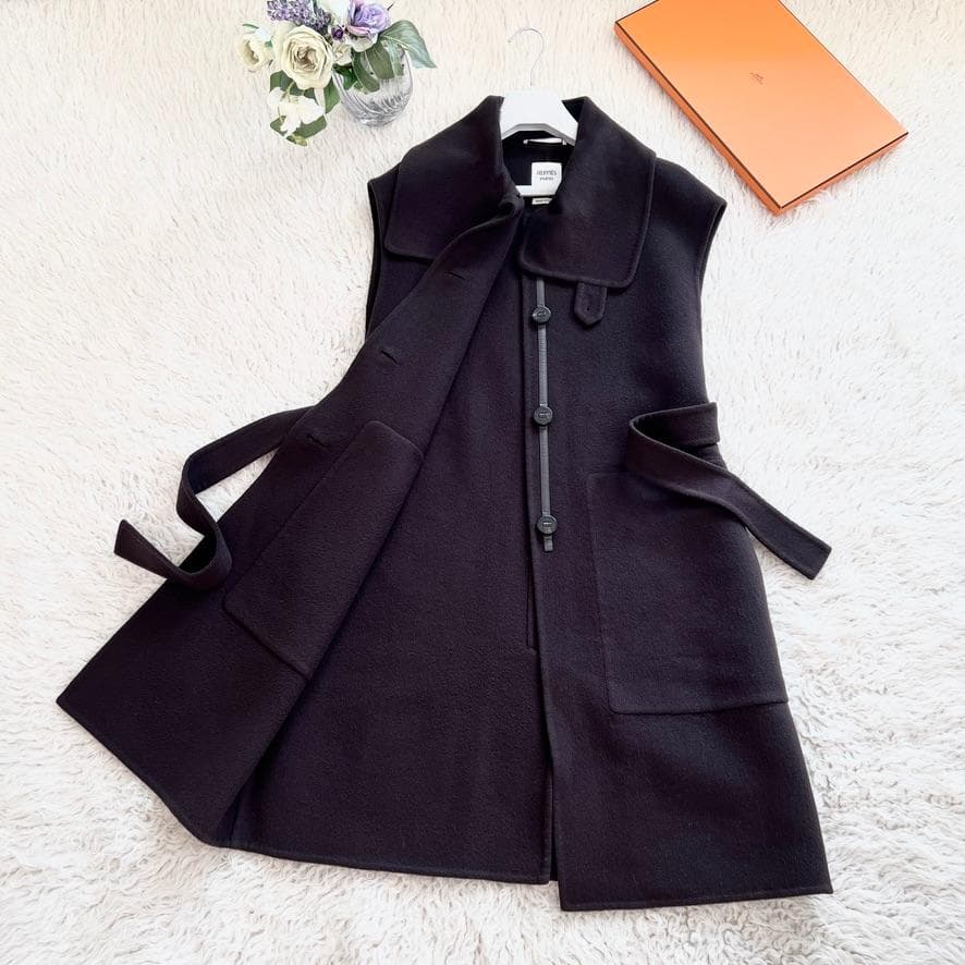 極美品☆HERMES☆カシミヤダブルフェイス☆本革☆ロゴ☆ジレ☆ロング