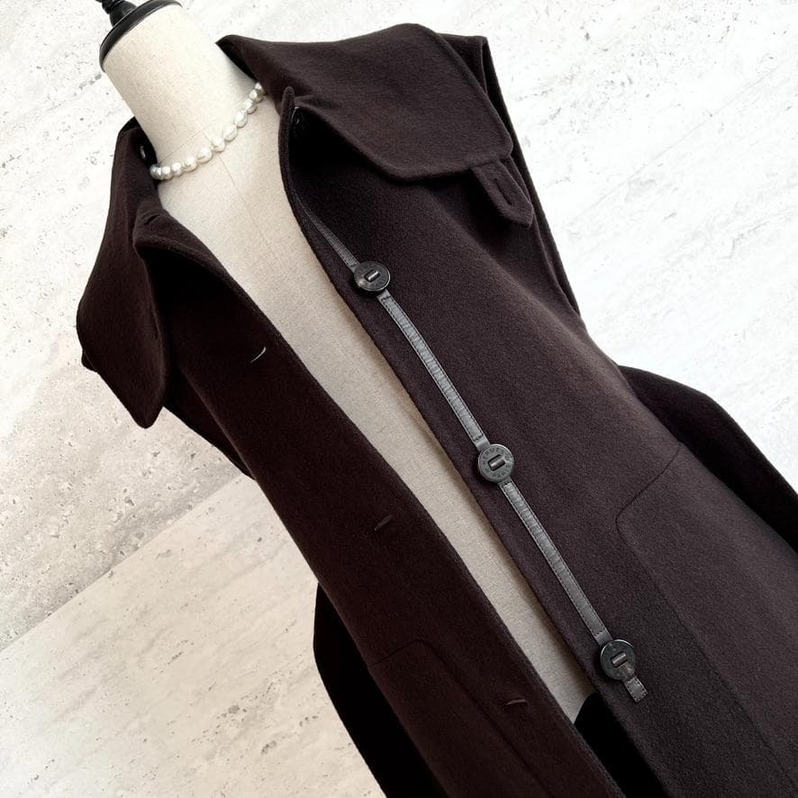 極美品☆HERMES☆カシミヤダブルフェイス☆本革☆ロゴ☆ジレ☆ロング