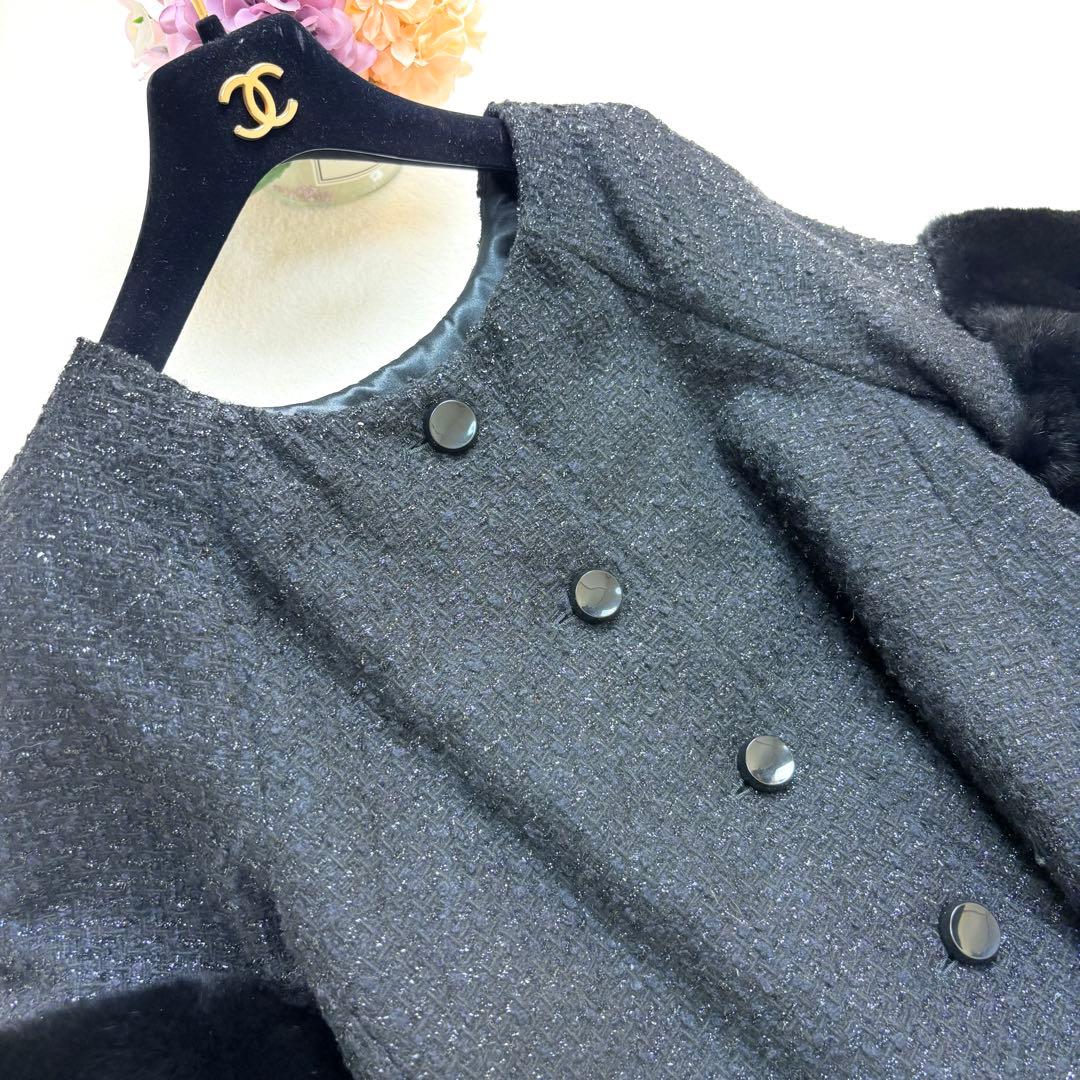 アルマーニ　コレッツォーニ　ファー付　ツイードショートコート　黒　40