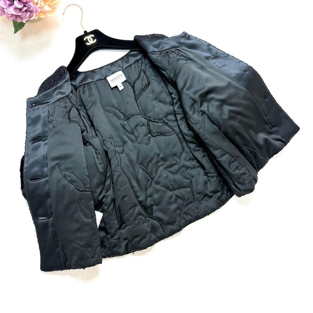 アルマーニ　コレッツォーニ　ファー付　ツイードショートコート　黒　40