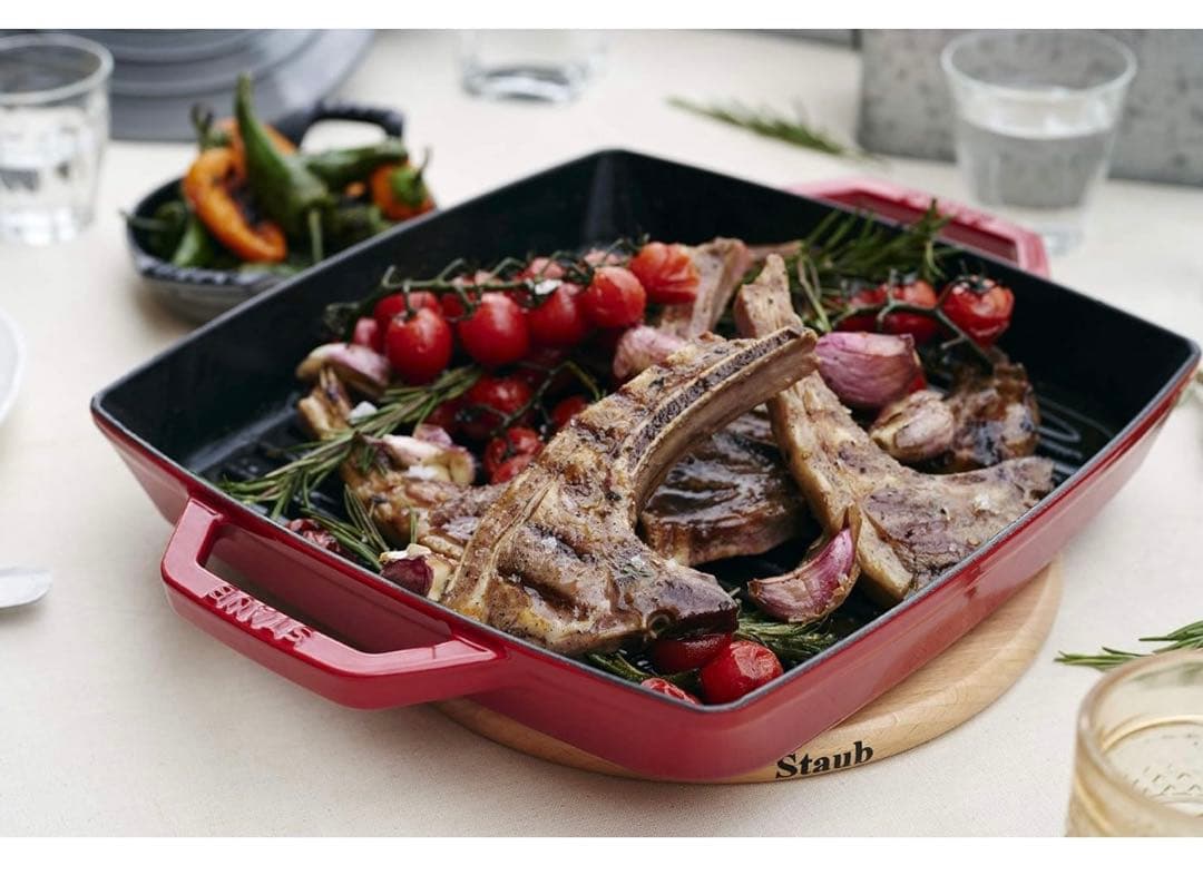 【新品未使用】staub ストウブ ピュアグリル スクエア チェリー 23cm