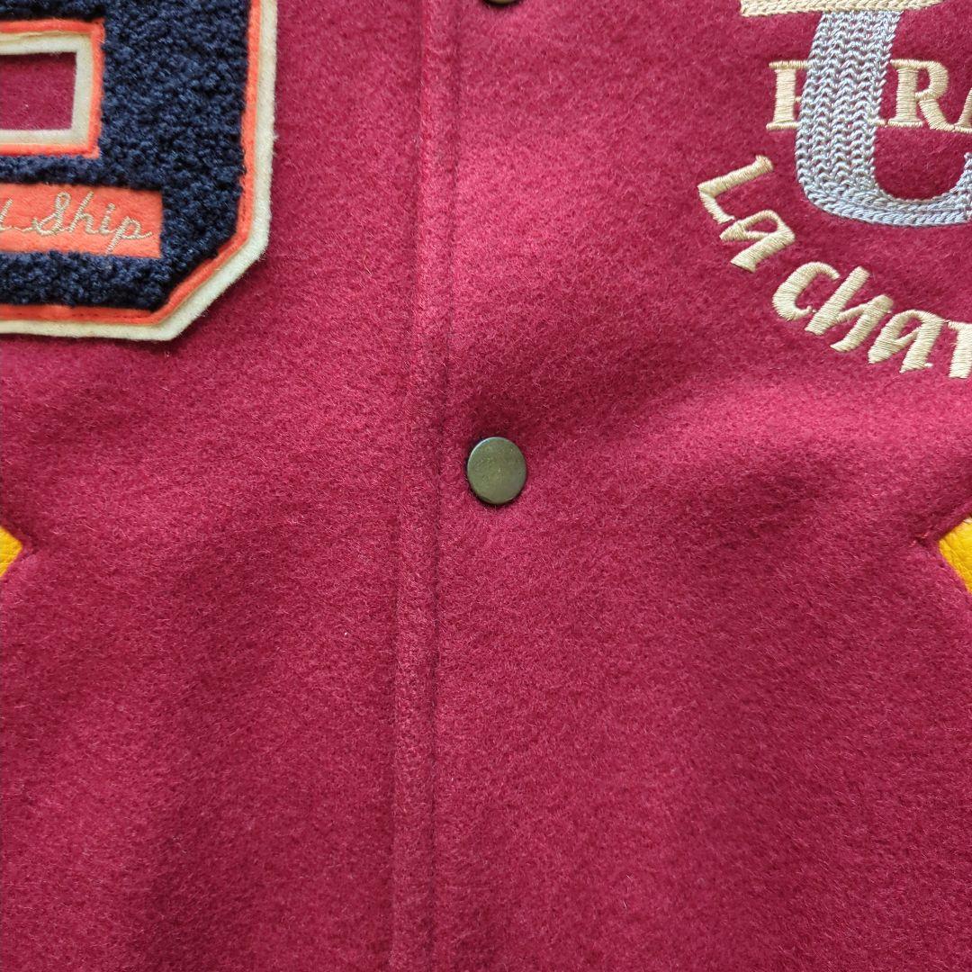 90sヴィンテージunknownスタジャンメルトン袖本革両面刺繍短丈バイカラーL