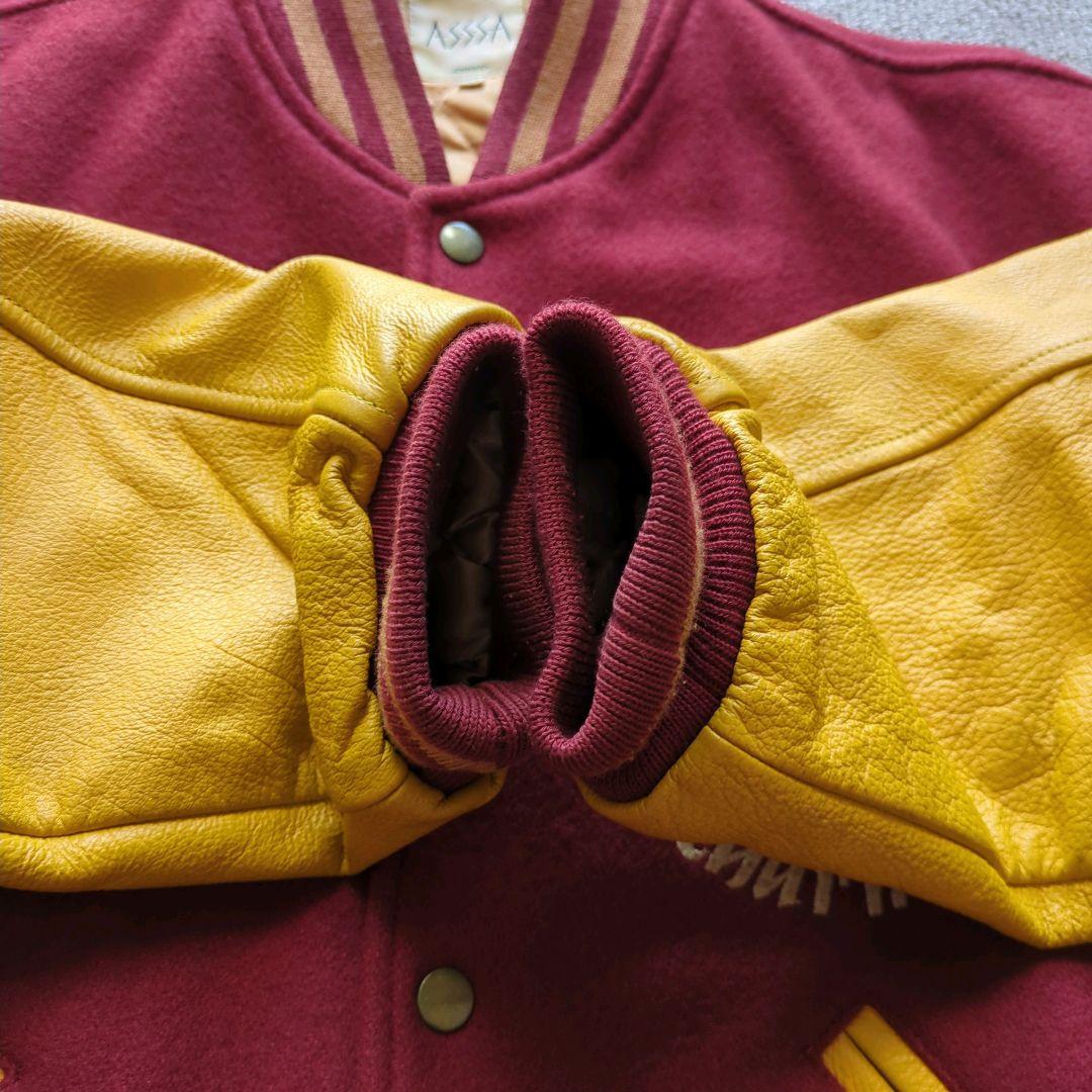 90sヴィンテージunknownスタジャンメルトン袖本革両面刺繍短丈バイカラーL