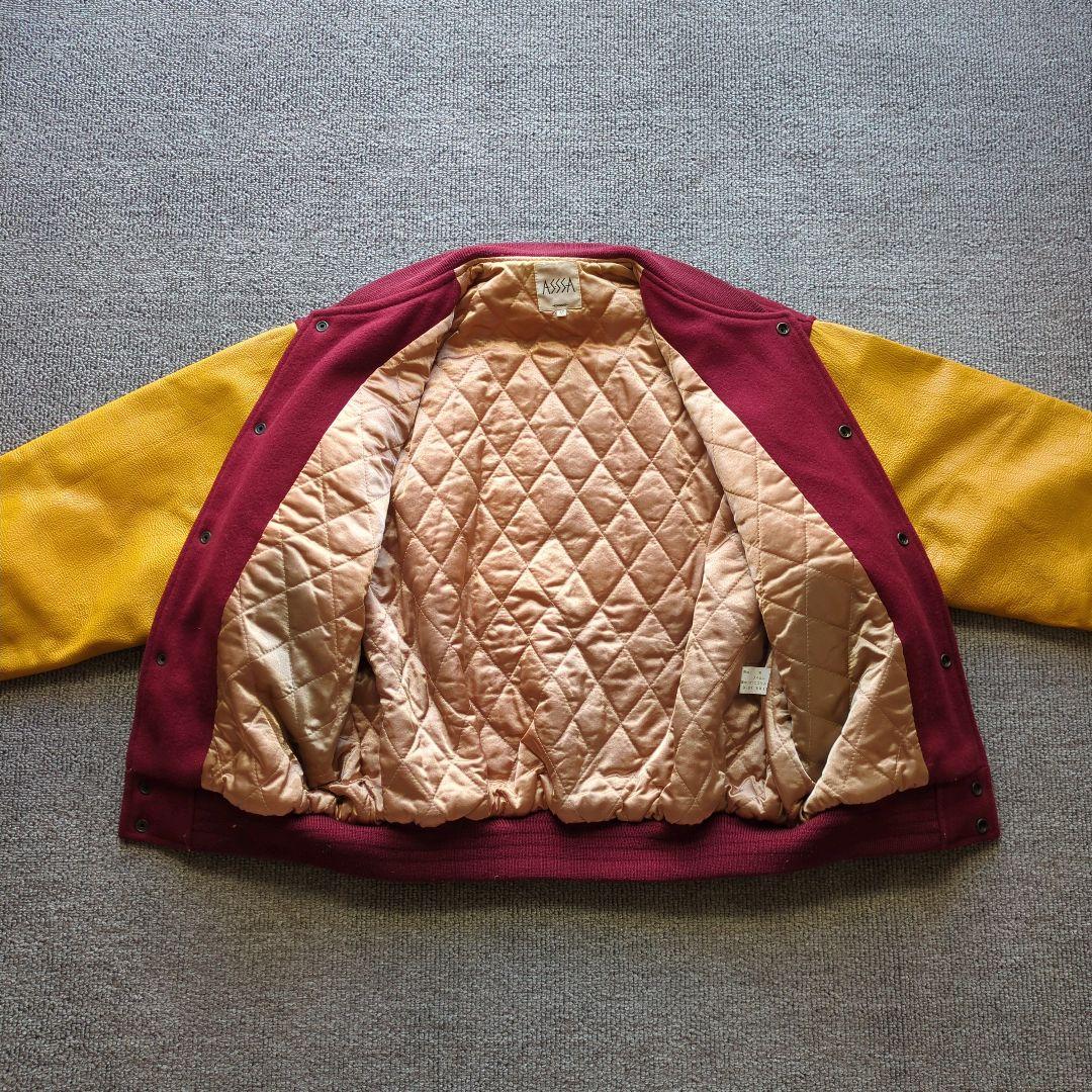 90sヴィンテージunknownスタジャンメルトン袖本革両面刺繍短丈バイカラーL