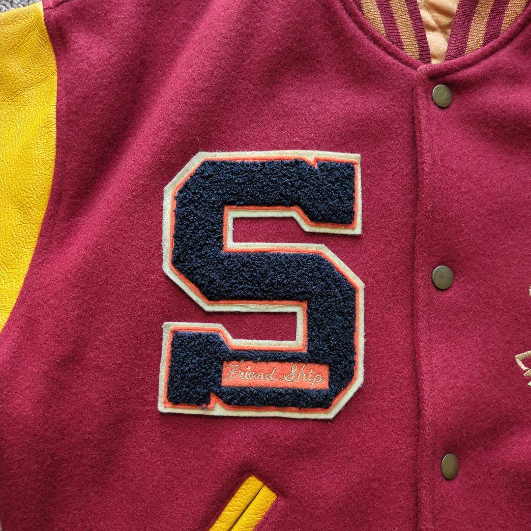 90sヴィンテージunknownスタジャンメルトン袖本革両面刺繍短丈バイカラーL