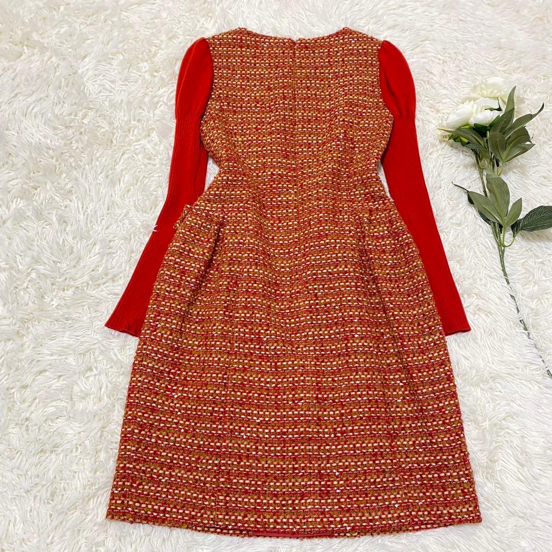 【M'S GRACY】 ニット ドッキングワンピース ツイード レッド 38