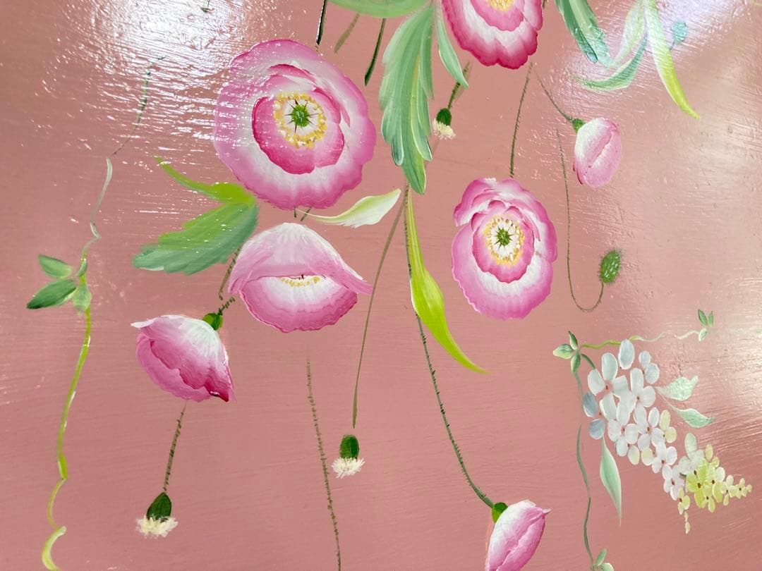 こたつ 天板 トールペイント 花柄 ピンク 緑 リメイク品 テーブル 机