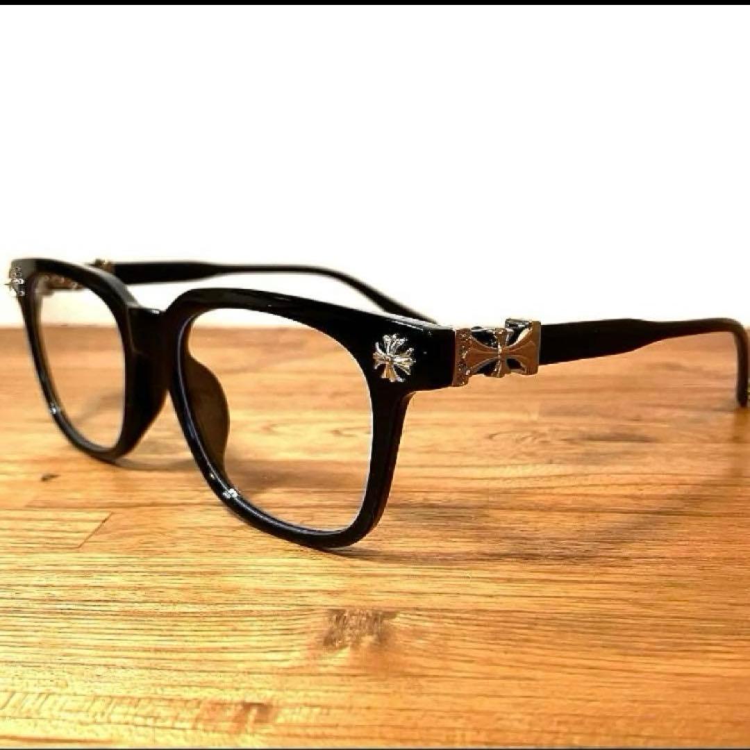 伊達メガネ クロムハーツ好き 黒縁 サングラス Y2Kクロスデザイン