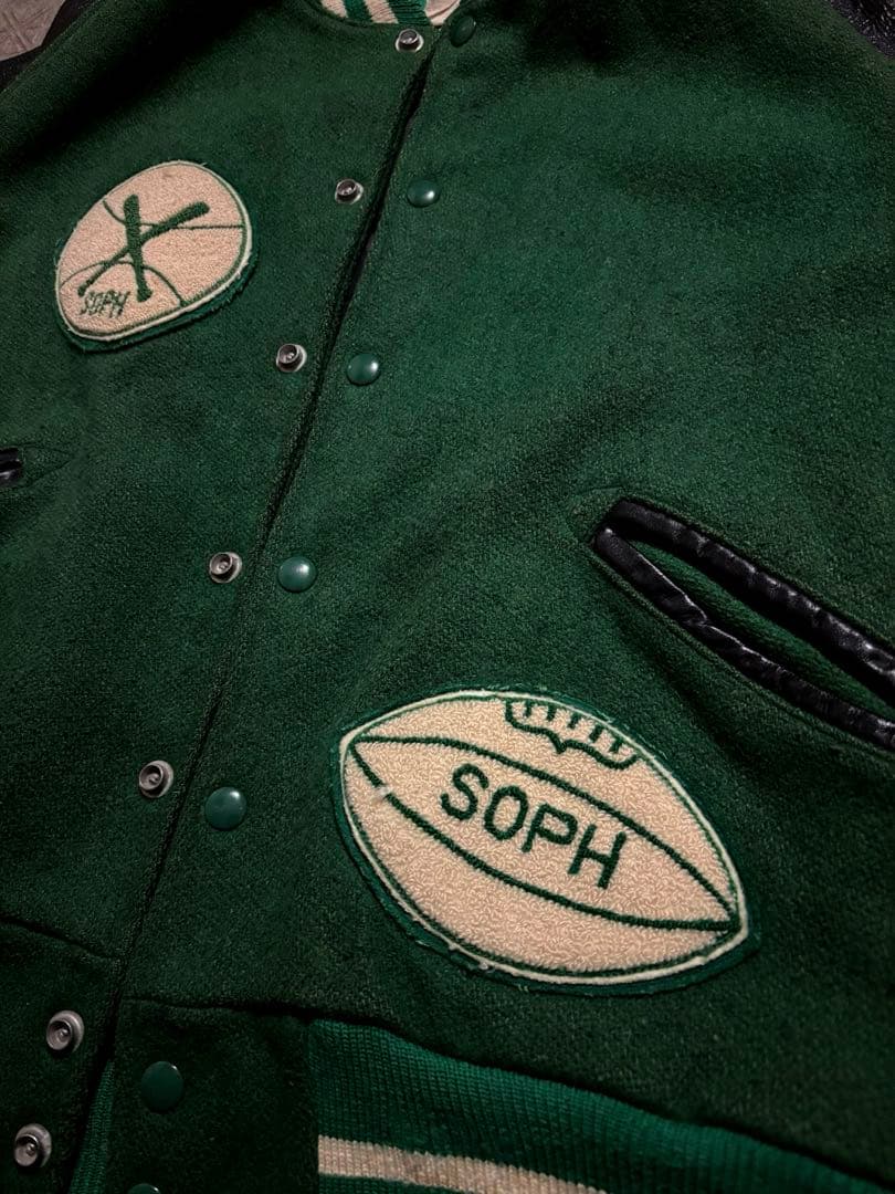 70s 80s USA製 スタジャン レザー 黒 緑 ラグラン 好配色