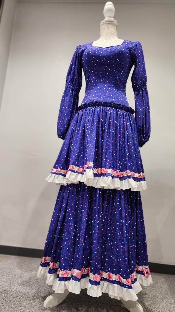 フラメンコドレス 青色 カラフル水玉　シージョ付き（中古）