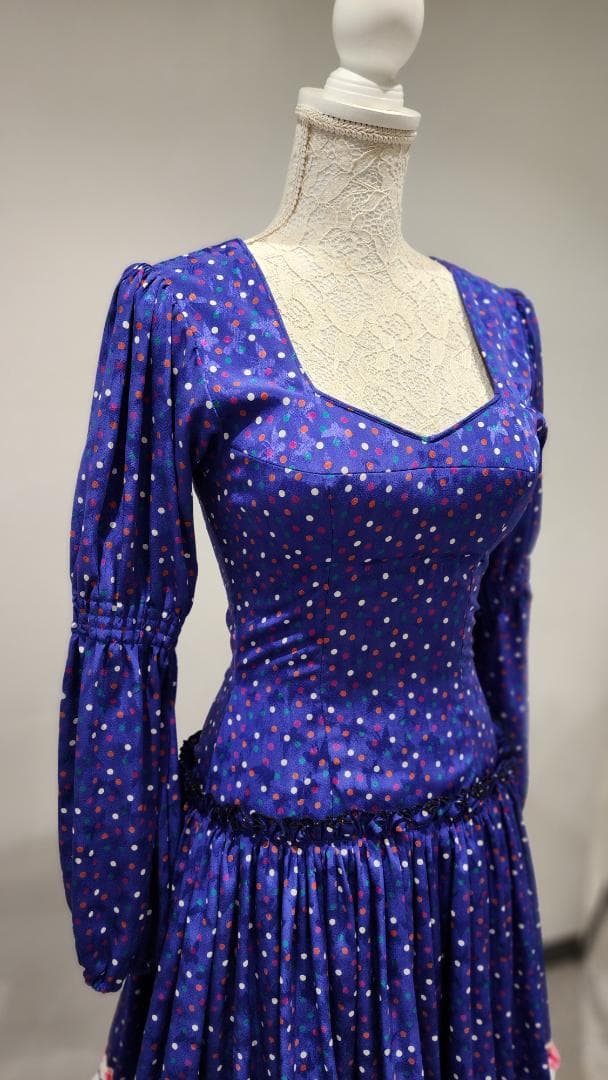 フラメンコドレス 青色 カラフル水玉　シージョ付き（中古）