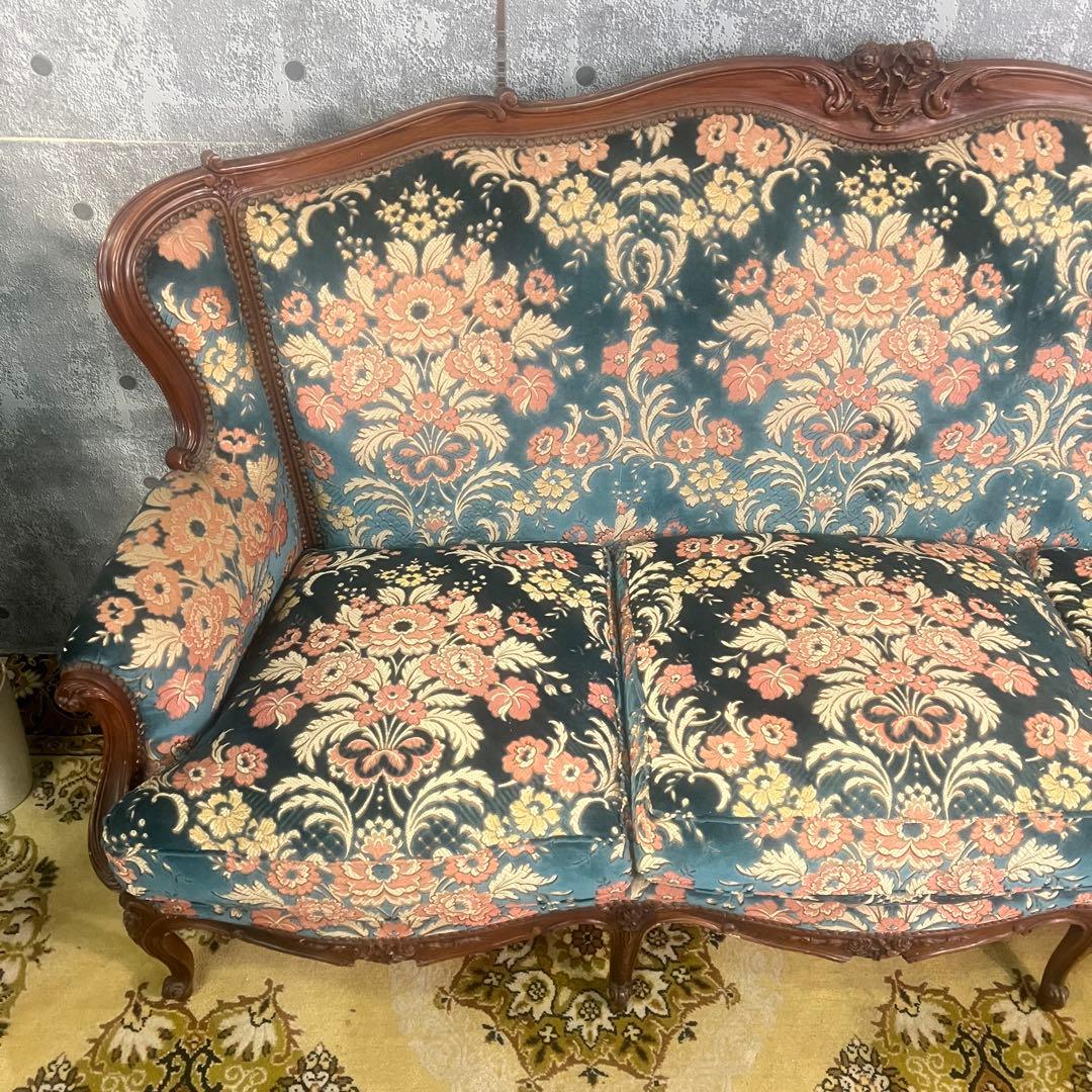 ꧁金華山織り꧂3人掛けソファ 猫脚 花柄 フラワー ファブリック アンティーク