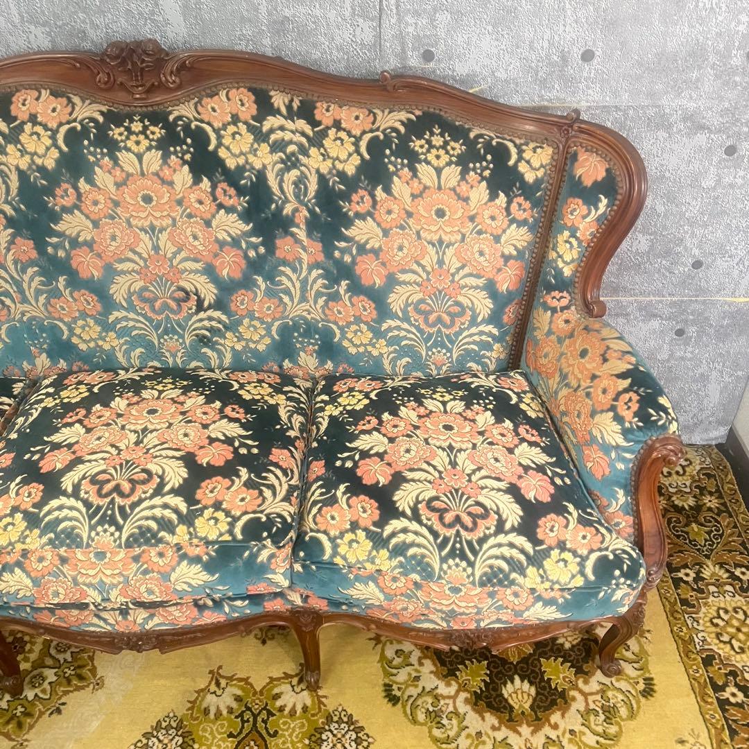 ꧁金華山織り꧂3人掛けソファ 猫脚 花柄 フラワー ファブリック アンティーク