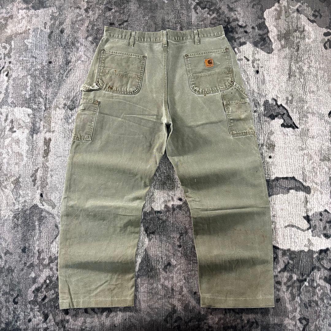 W38 Carhartt 裾カット 極上フェード オリーブ 金ボタン 一点物