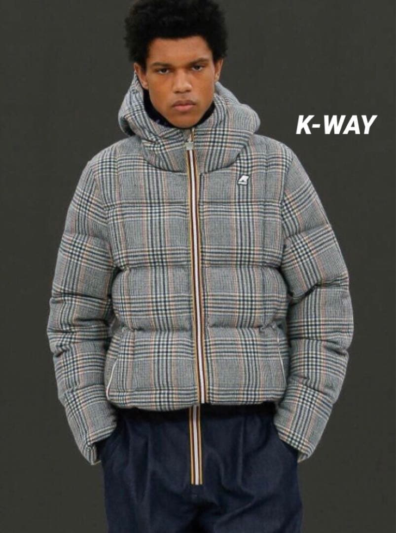 K-WAY ♫ ウールダウンジャケット グレンチェック フーディ グレー