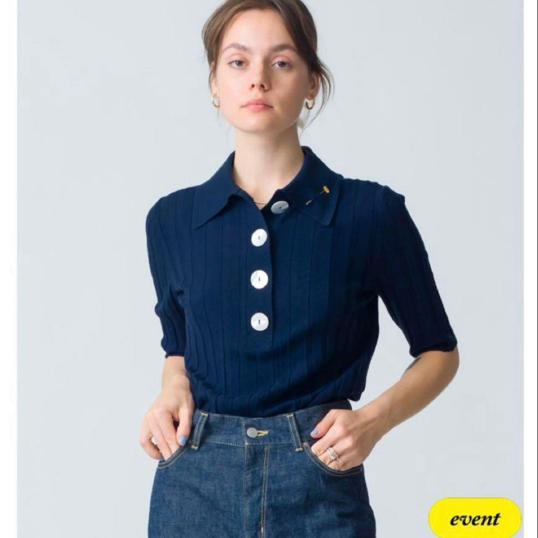 NACKIYÉ ネイビーリブ編み五分袖ポロシャツ