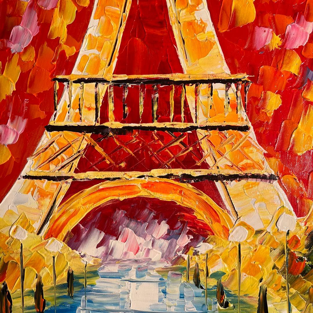 手書き油絵 パリの風景 エッフェル塔 額付 肉筆絵画 インテリア 油彩画