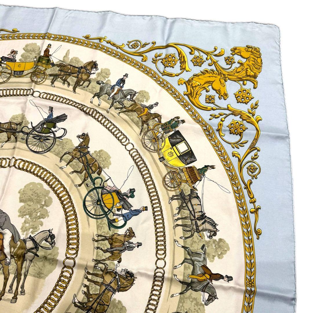 【美品】HERMES カレ90　ロンシャンへの散歩　水色