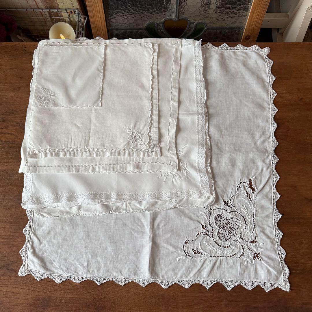 SALE！フランスアンティーク花柄刺繍とレースの素敵なハンカチクロスஐ9枚セット