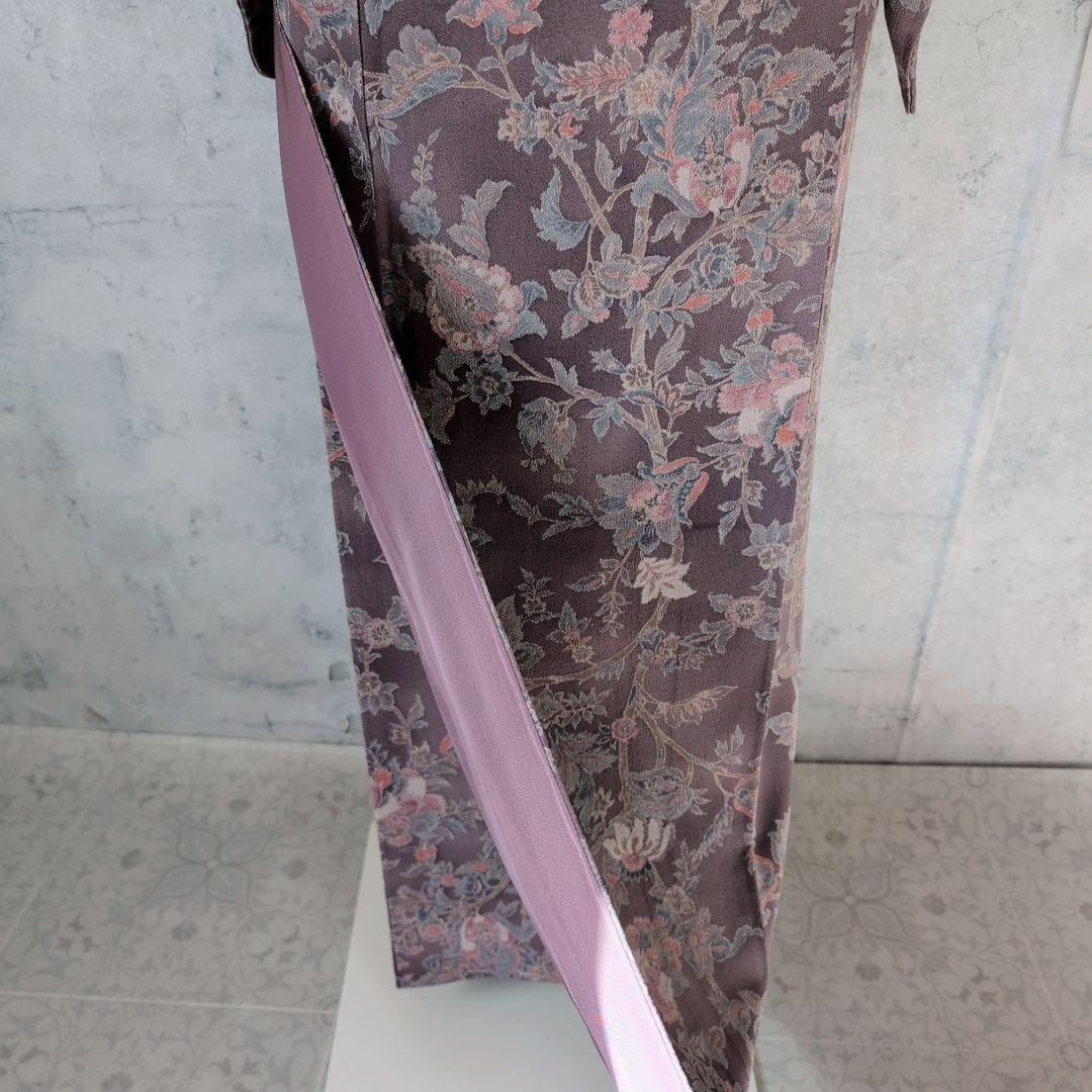 小紋　フルセット　着物　正絹　更紗　暗紫　花　縮緬　おしゃれ　D2