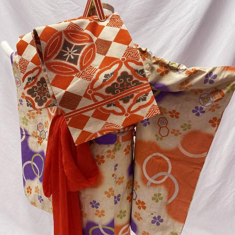 504ag48◎七五三 七歳 女児 アンティーク 総柄 桜 亀甲 着物&丸帯◎