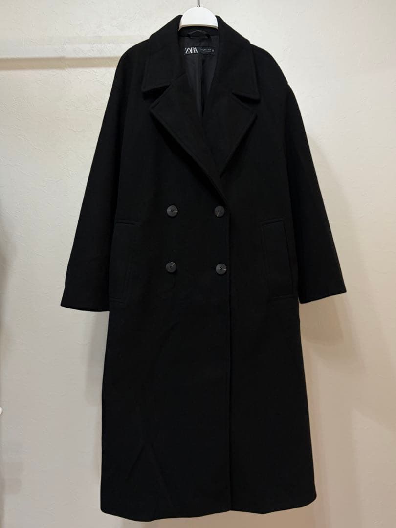 ZARA ブラック ダブルブレスト ロングコート - メルカリ
