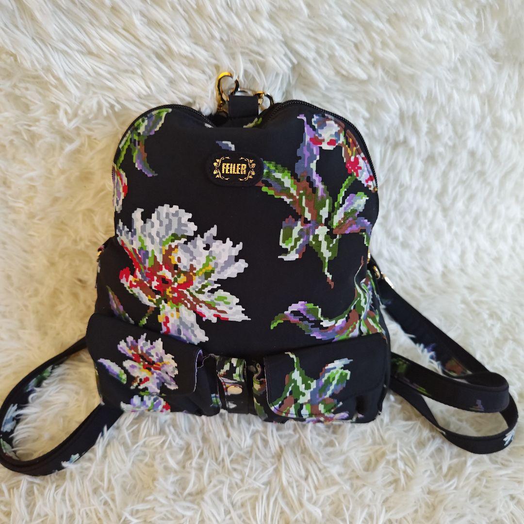 極美品✨】FEILER フェイラー 花柄 リュック 2way ブラック