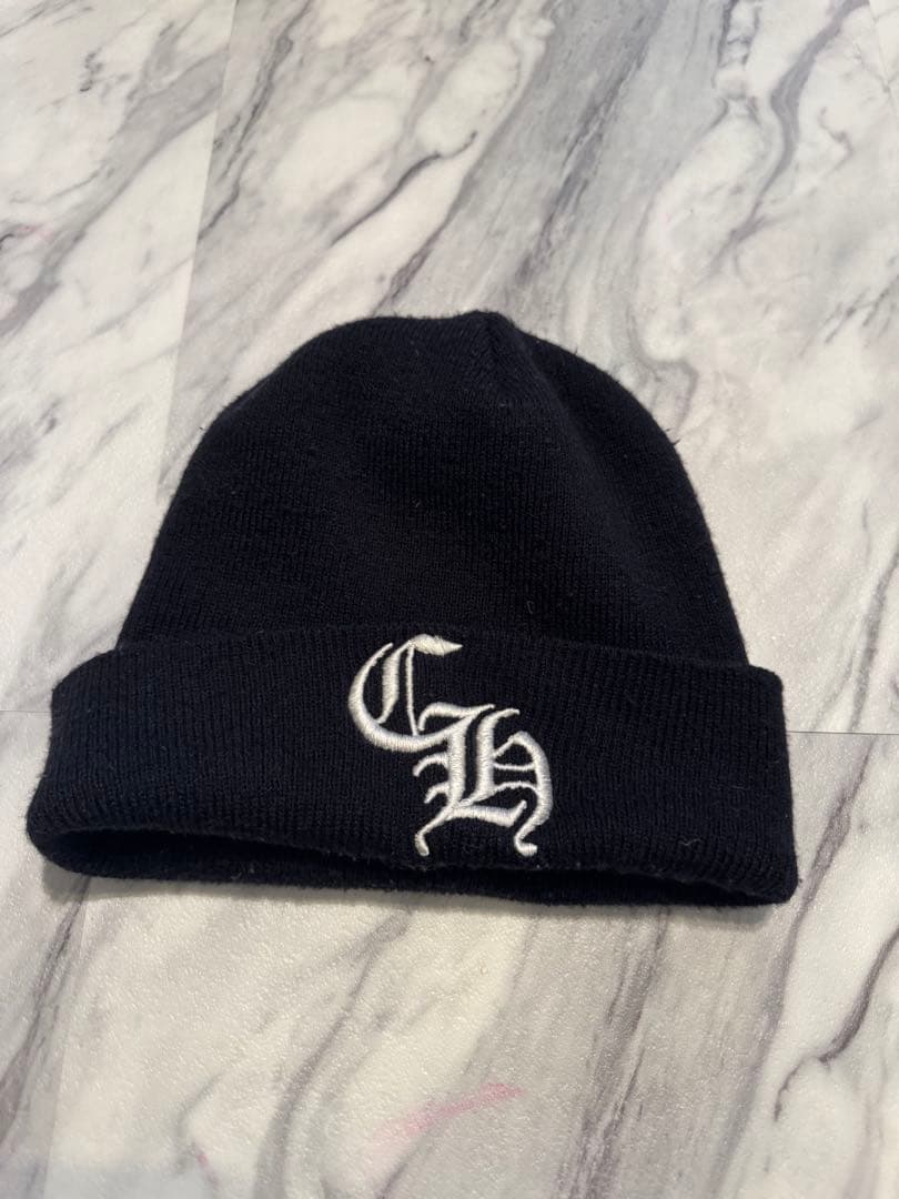 クロムハーツ ネイビー　刺繍　ロゴニット帽　ビーニー